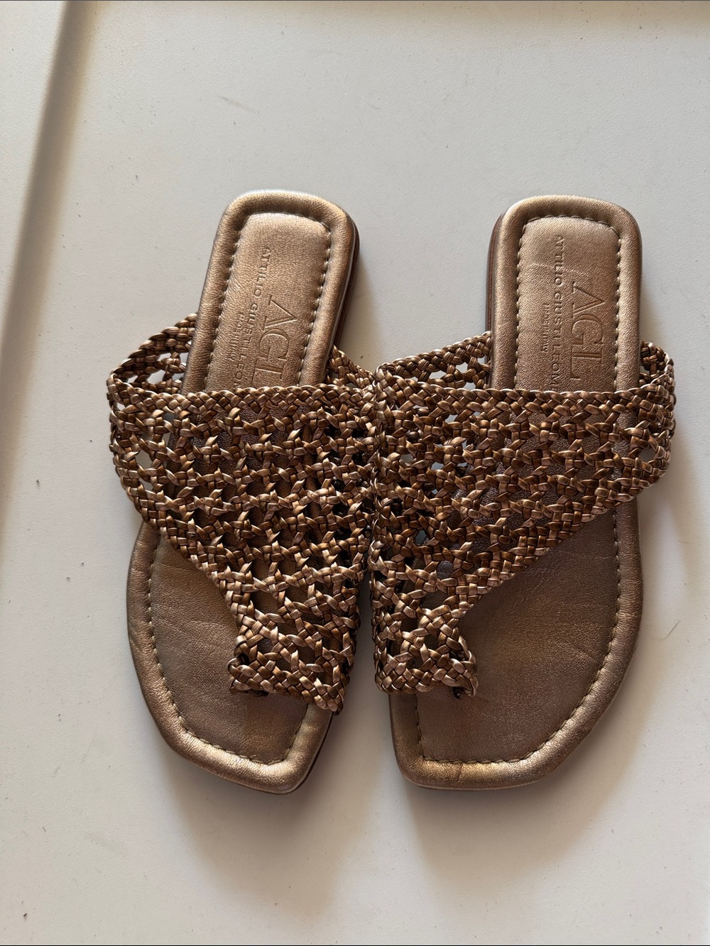 AGL Woven Leather Slide Sandals in Metallic Bronze